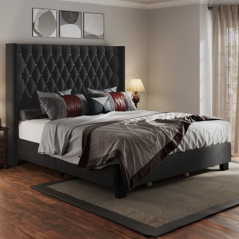 Uforic King Wingback Bed Frame with 58" Tall Headboard and USB Charging Stations, Tufted Velvet Upholstered Platform Bed, Easy Assembly, Black
