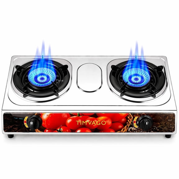 Portable 2 Burner Propane Gas Stove, Stainless Steel Camping Stove with Auto Ignition, Outdoor Cooking Stove with Regulator Hose