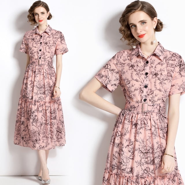 Dropshipping Nouvelle Robe Midi Décontractée d'Été Automne Imprimé Fruits Nœud Papillon Col Foulard Manches 3/4 Taille Empire Femmes Soirée Plage