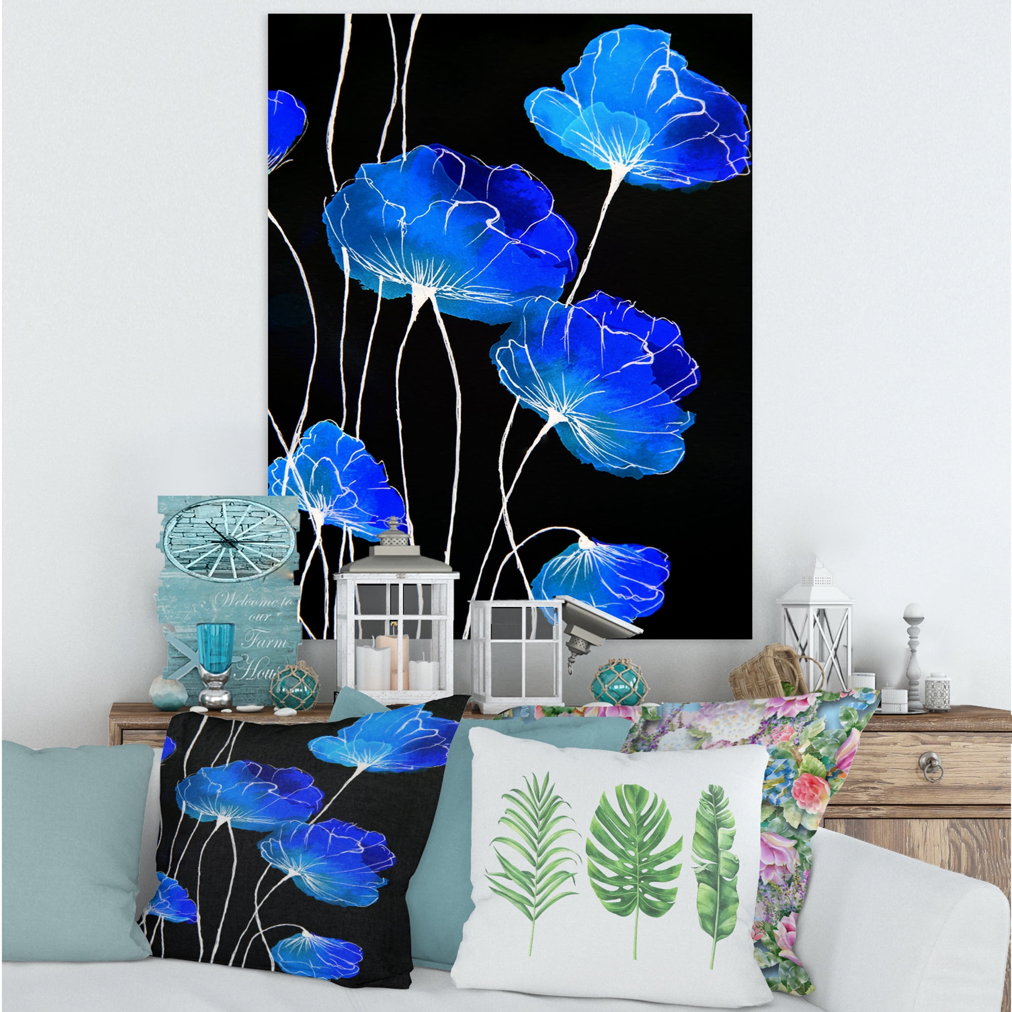 Designart ' Detail of Blue Flowers On Black Background II ' Traditional Canvas Wall Art Print