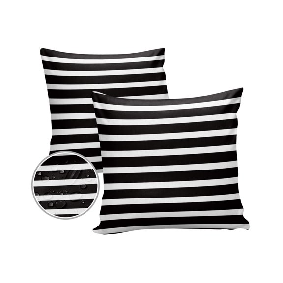 Pack of 2 Outdoor Pillow Covers, Simple Stripe Pattern Black and White Waterproof Square Throw Pillowcase Cushion Decorative Pillow Covers for Couch Patio Tent, 16x16 in