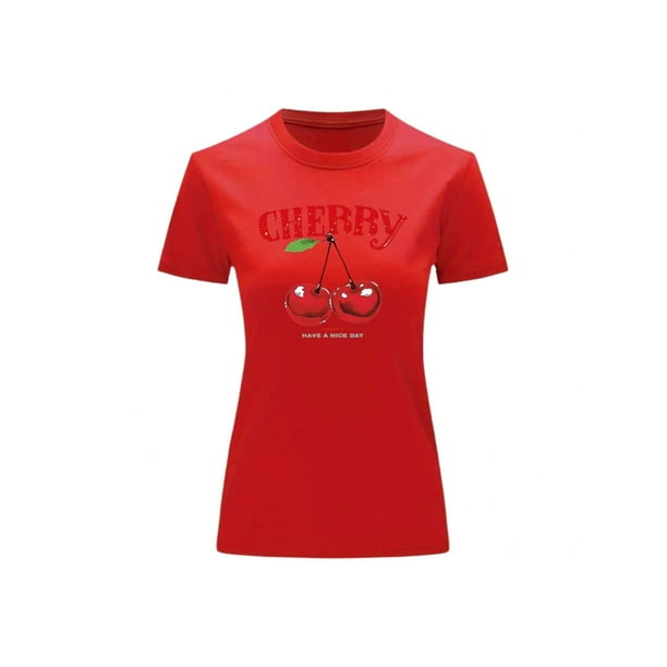 Playera Blusa De Cerezas Cherry Happy Have A Nice Day Casual Ropa Para Mujer Ropa De Dama Color Rojo Talla Chica Marca Emil SaEs