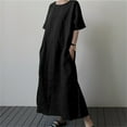 thumbnail image 2 of Vestido largo de lino para mujer talla grande - Cintura con cordón, abertura, manga corta, informal, 2 of 6