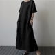 thumbnail image 2 of Vestido largo de lino para mujer talla grande - Cintura con cordón, abertura, manga corta, informal, 2 of 6