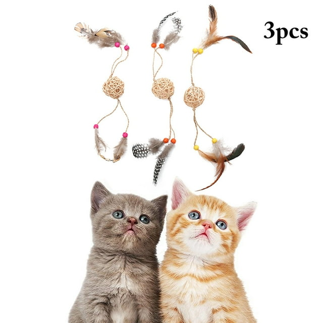 Cat Rattan Ball Natural 3PCS Scratch Proof Faux Feather Cat Toy Kitten Play Ball