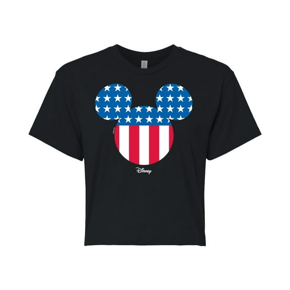 Disney - Mickey Silhouette American Flag - Juniors Cropped Cotton Blend T-Shirt