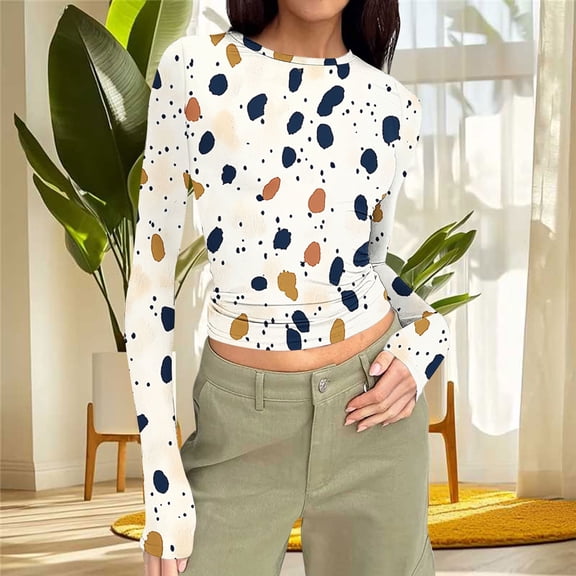 JUSLIO Tops for Women Fitted Graphic Shirts Irregular Print Long Sleeve Round Neck Shirts Khaki L