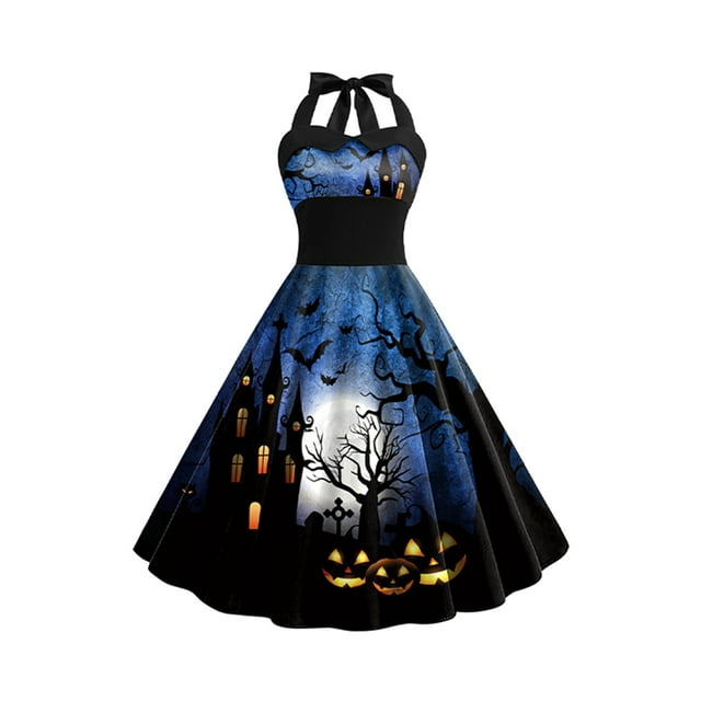 SUNSIOM Costume d'Halloween pour Femmes Sans Manches Toile d'Araignée Citrouille Imprimé Fantôme Robe de Soirée à Thème
