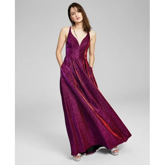 City Studios Womens Juniors’ Glitter-Knit Gown, Purple/15