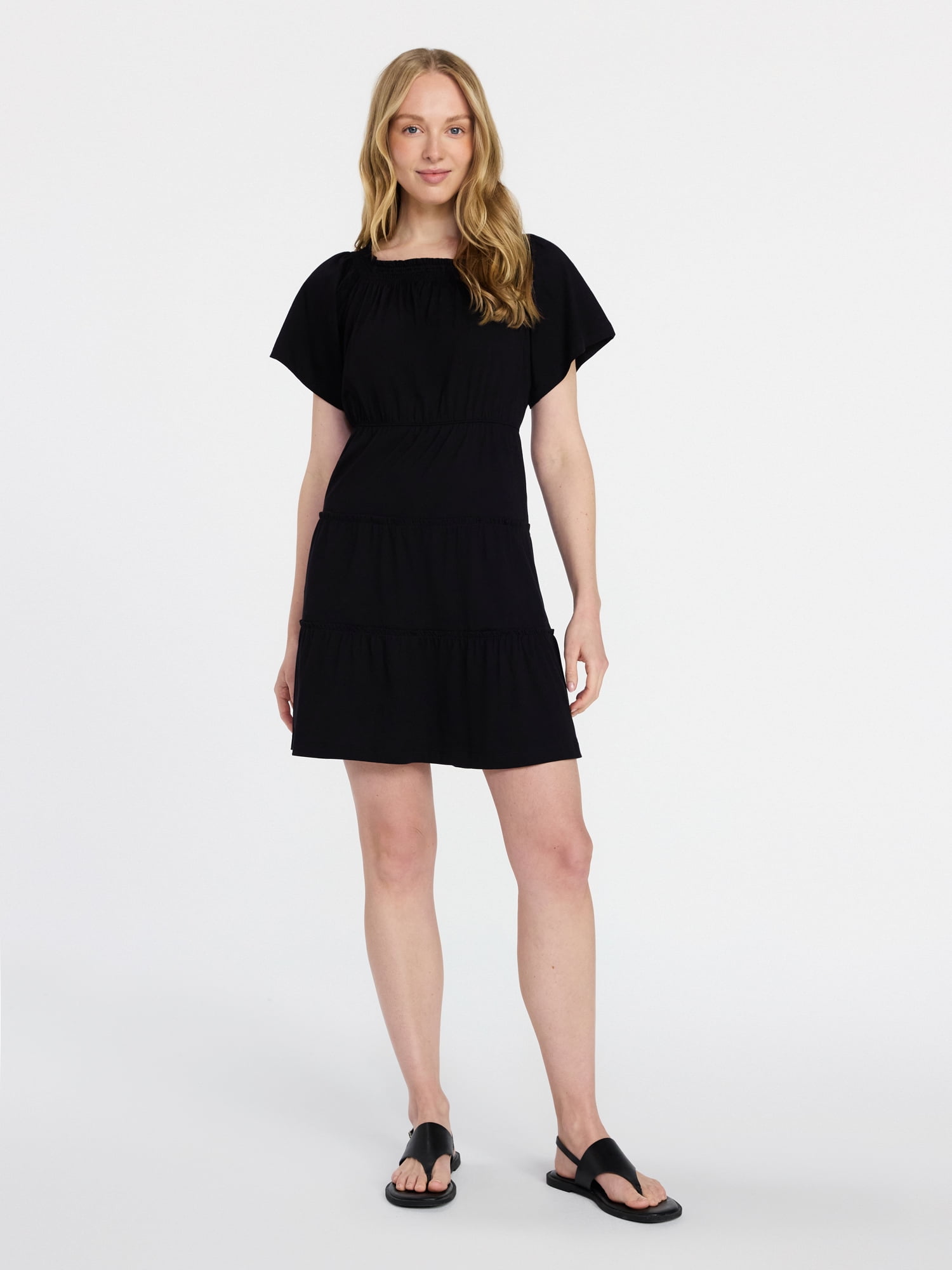 Time and Tru Women's Tiered Cotton Mini Dress with Flutter Sleeves, Sizes XS-XXXL