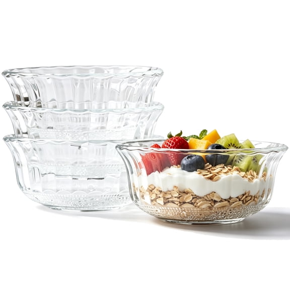 9 oz Clear Glass Dessert Bowls, 4 Pack Crystal Serving Cups,Vertical Striped Design, Small Glass Fruit Salad Ice Cream Yogurt Snack Bowls for Party Home Kitchen Dining Table Decor