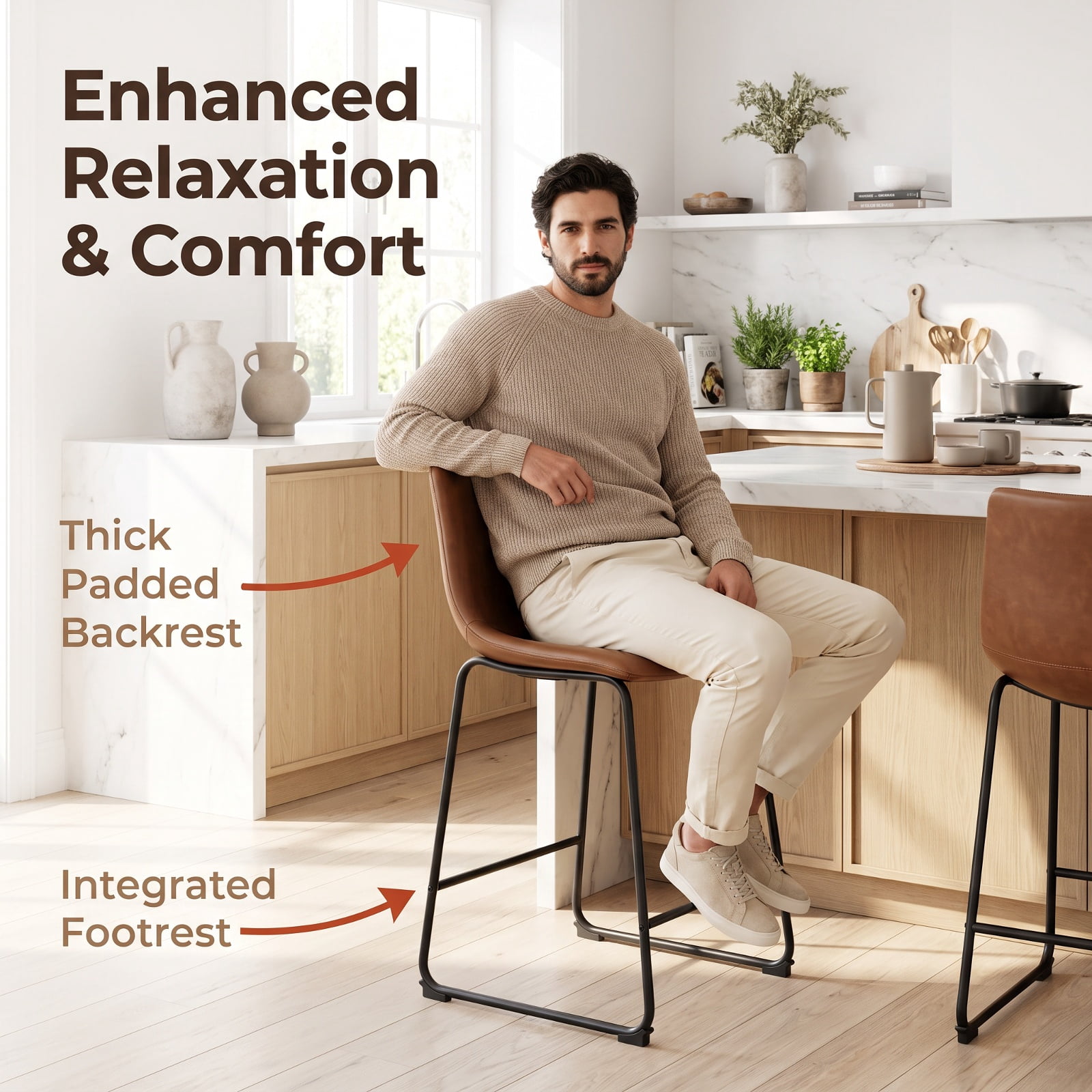Furnibear 26 Inch Upholstered Bar Stools Set of 2 Counter Height Bar Chairs with Backrest for Kitchen Island Counter Bar Pub Dining Home, Brown