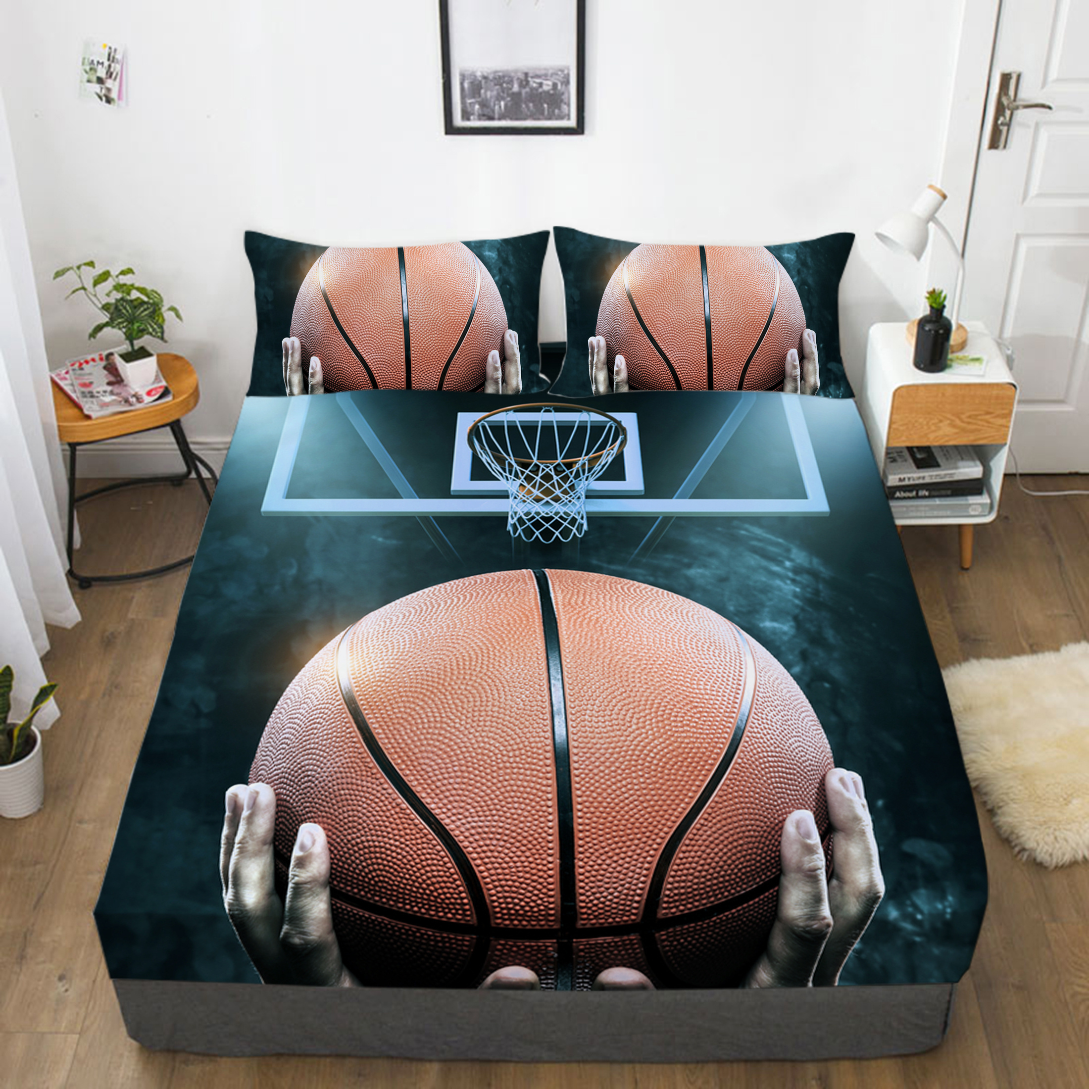 3D Fitted Sheet Set Sport Bedding Basketball Design Bedspread Home