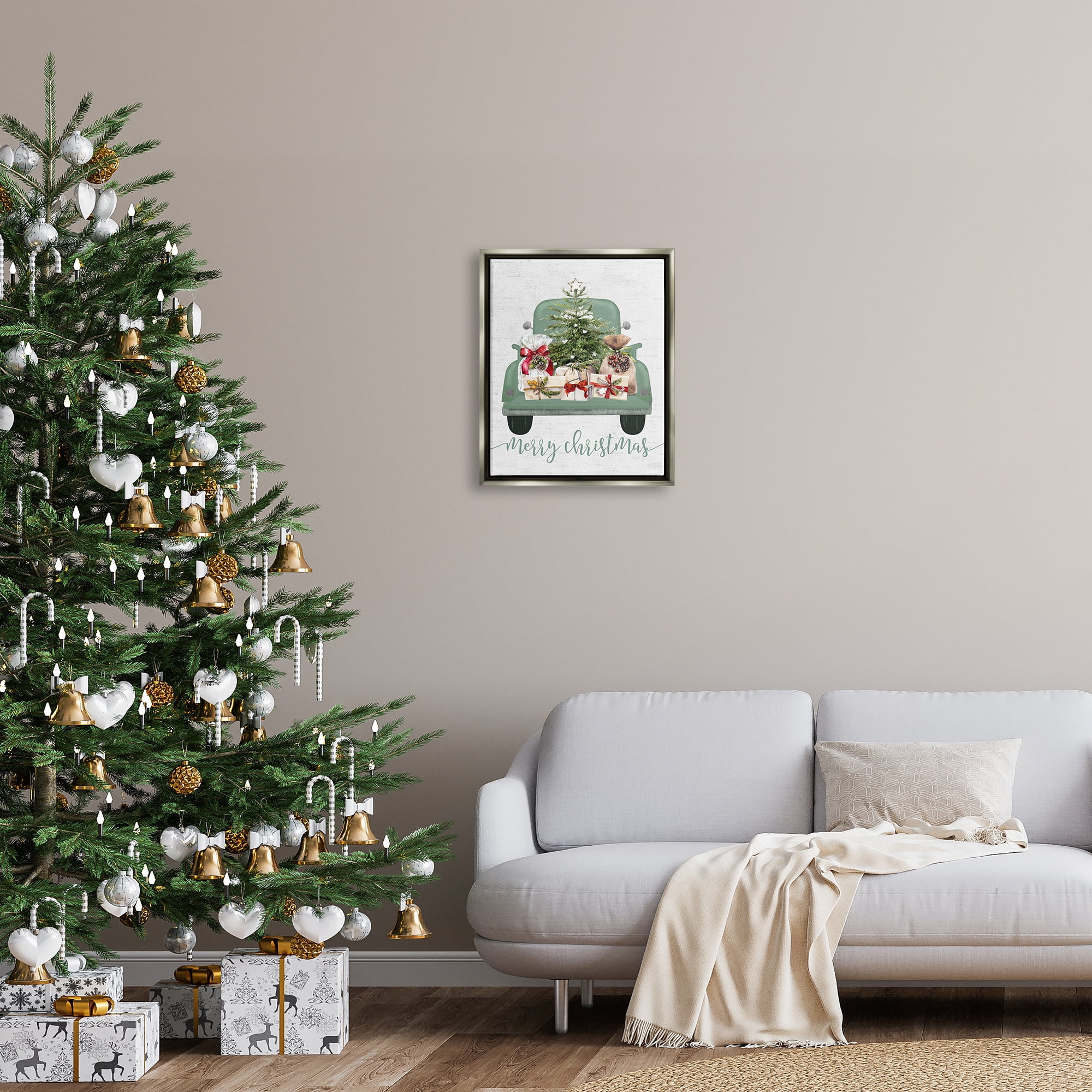 Stupell Industries Merry Christmas Truck Holiday Painting Gray Floater Framed Canvas Art Print Wall Art, 17 x 21