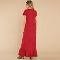 thumbnail image 2 of New Femmes Col Rond Manches Courtes Volants Décor Asymétrique Longue Robe Nouvelle Couleur Unie Décontractée Robe de Vacances Maxi Vestidos, 2 of 2