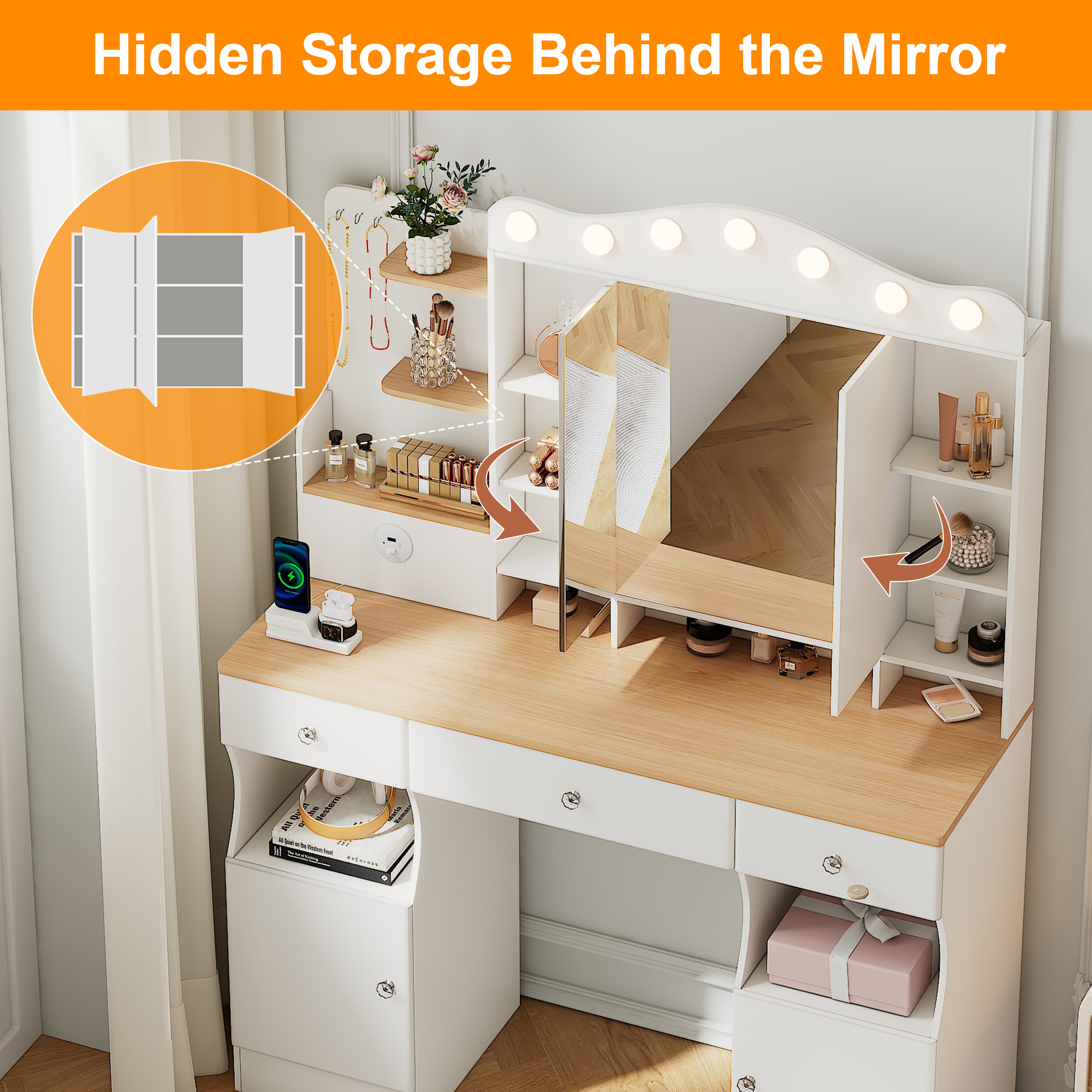 Alvantor Vanity Desk with Tri-Fold Mirror and LED Lights, Makeup Table for Adults with USB Ports and Drawers, White