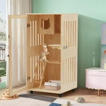 Large Wooden Cat House Cat Condo with Scratching Post Pet Villa  Bed Furniture Kitty Playing Rest Space with Movable Wheels