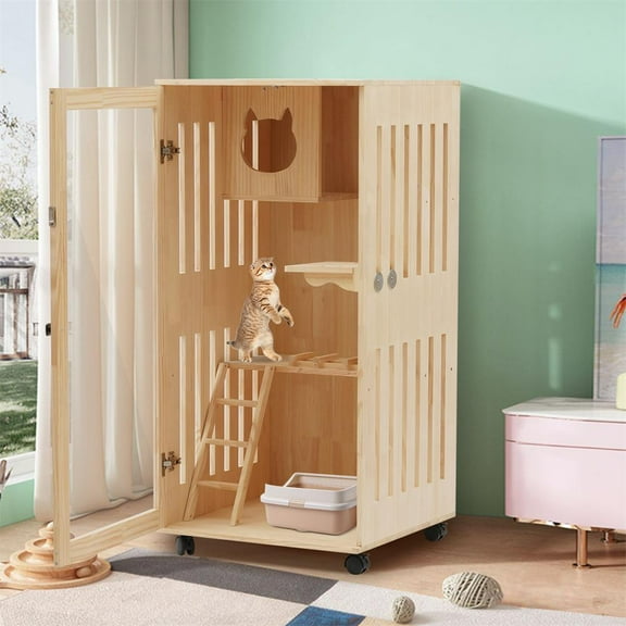 Large Wooden Cat House Cat Condo with Scratching Post Pet Villa  Bed Furniture Kitty Playing Rest Space with Movable Wheels
