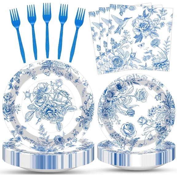100 Pcs Blue and White Floral Tableware Party Supplies Set, Serves 25 – Disposable Elegant Flower Paper Plates, Napkins, and Plastic Forks for Wedding, Bridal Shower, Birthday, Garden Tea Decorations
