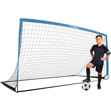 RUNBOW 11x5.5' 9x5' 6x4' FT Kids Soccer Goal with Carry Bag, Portable Folding Soccer Net for Backyard Training, Indoor/Outdoor Use for Youth and Adults (9x5FT, 1 Pack, Grey Blue)
