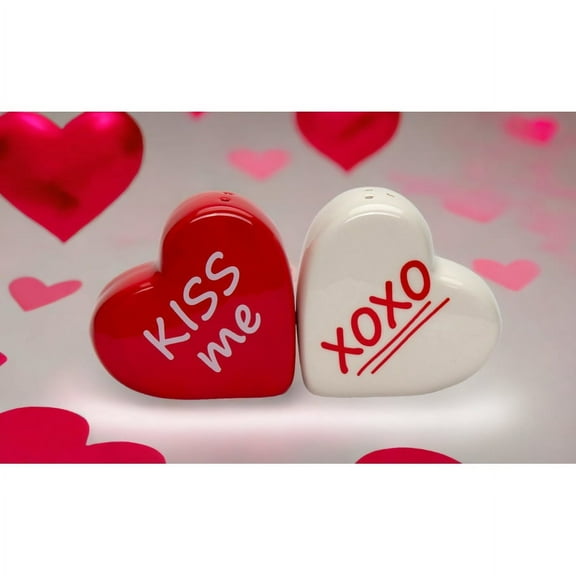 Ceramic Heart Shaped Salt and Pepper Set Kiss Me XOXO 2.5 inches