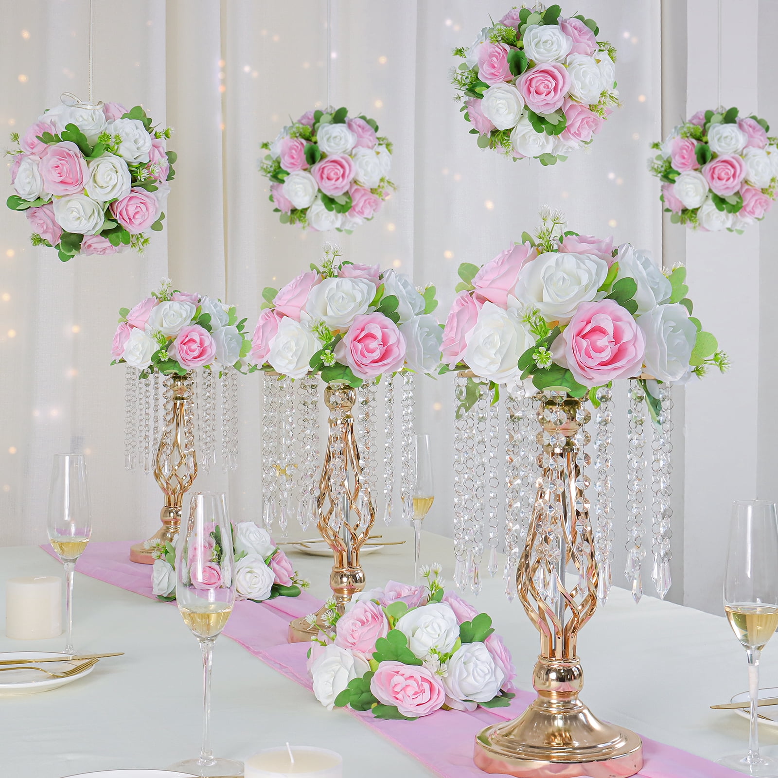 Wedding Flower Balls for Centerpieces 6pcs Pink Rose Artificial Flowers Ball Arrangement Bouquet Silk Roses for Party Table Decoration 10.6inch
