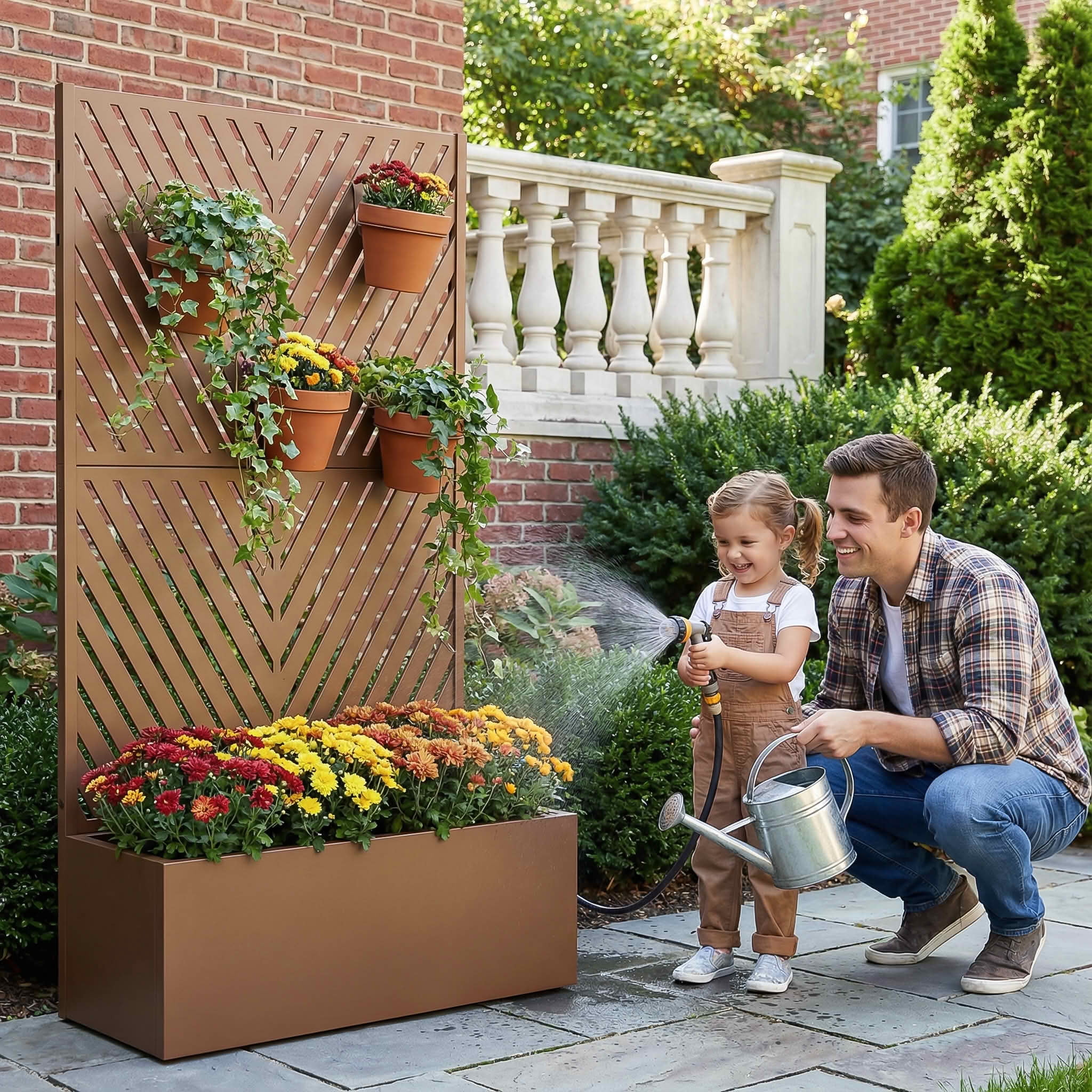 MAYEERTY 59X30" Metal Outdoor Brown Privacy Screen with Planter Box for Backyard & Garden, 2 Piece Set