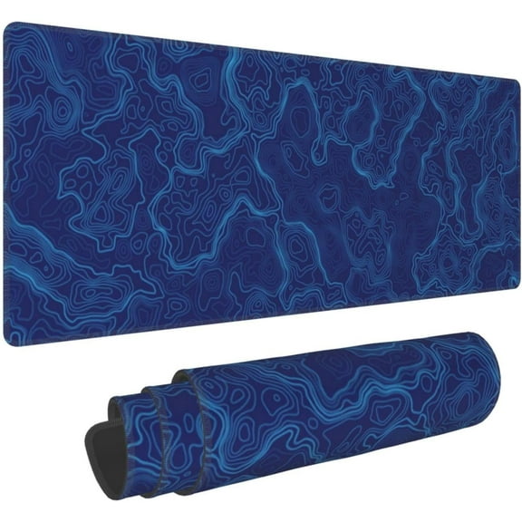 Blue Topographic Contour Map Topography Geography Geographical Gaming Mouse Pad 31.5 X 11.8 Inch XL Extended Large Keyboard Non-Slip Rubber Base with Stitched Edges for Home Office