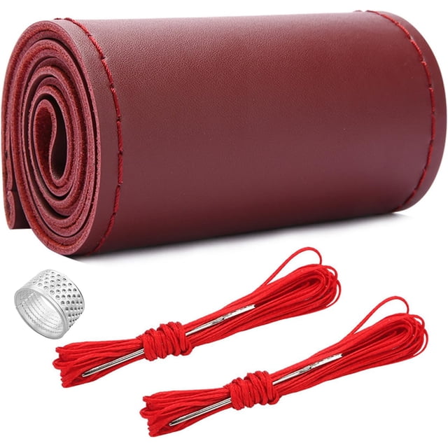Ziciner Genuine Leather Steering Wheel Cover, Stitch on Wrap, Breathable Anti-Slip Car Steering Wheel Protector for Max Diameter 15 Inch, DIY Sewing with Needles Thread (Wine Red, Glossy)