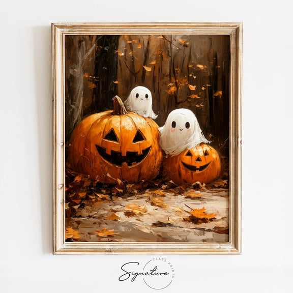 Whimsical Ghosts With Pumpkins Cute Fall Scene Spooky Cottagecore Autumn Art Vintage Art Poster Wall Art For Decor Present , Poster Print Only