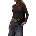 thumbnail image 2 of Women's Round Neck Tops Long Sleeve Shirts Casual Fitted Tee Shirts Solid Color Fall Basic Clothes Brown L, 2 of 7