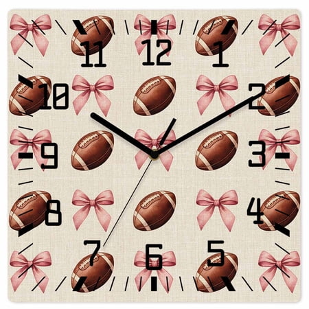 Pink Bow Football Wooden Wall Clock Silent Non Ticking, Modern Game Balls Retro Burlap Square Wall Clocks Battery Operated, Decor Clock for Home Office, Living Room, Kitchen, 12 Inch