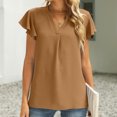 thumbnail image 4 of QLEICOM Womens Summer Tops Oversized T-shirts Short Sleeve V-Neck Solid Tunic Casual Loose Tunic Tank Tops Women Shirts Blouses Khaki S, 4 of 6