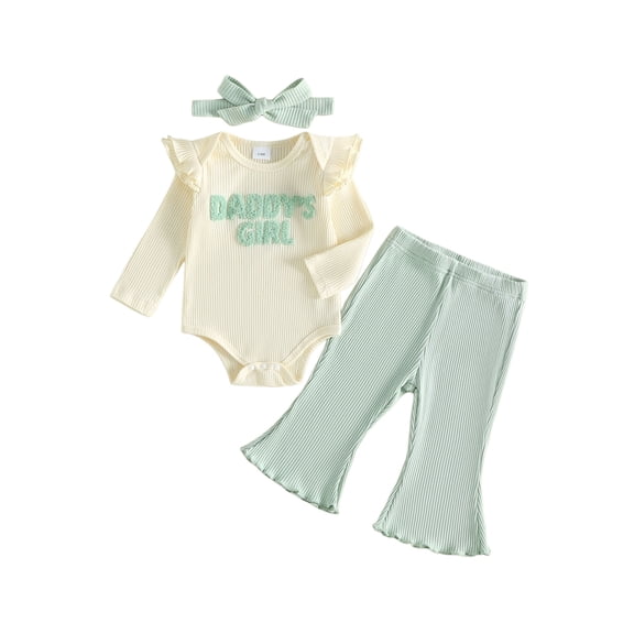 Loicainy Infant Baby Girl Fall Clothes Set 3 6 9 12 Months Ribbed Long Sleeve Romper Flare Pants Bow Headband Outfits