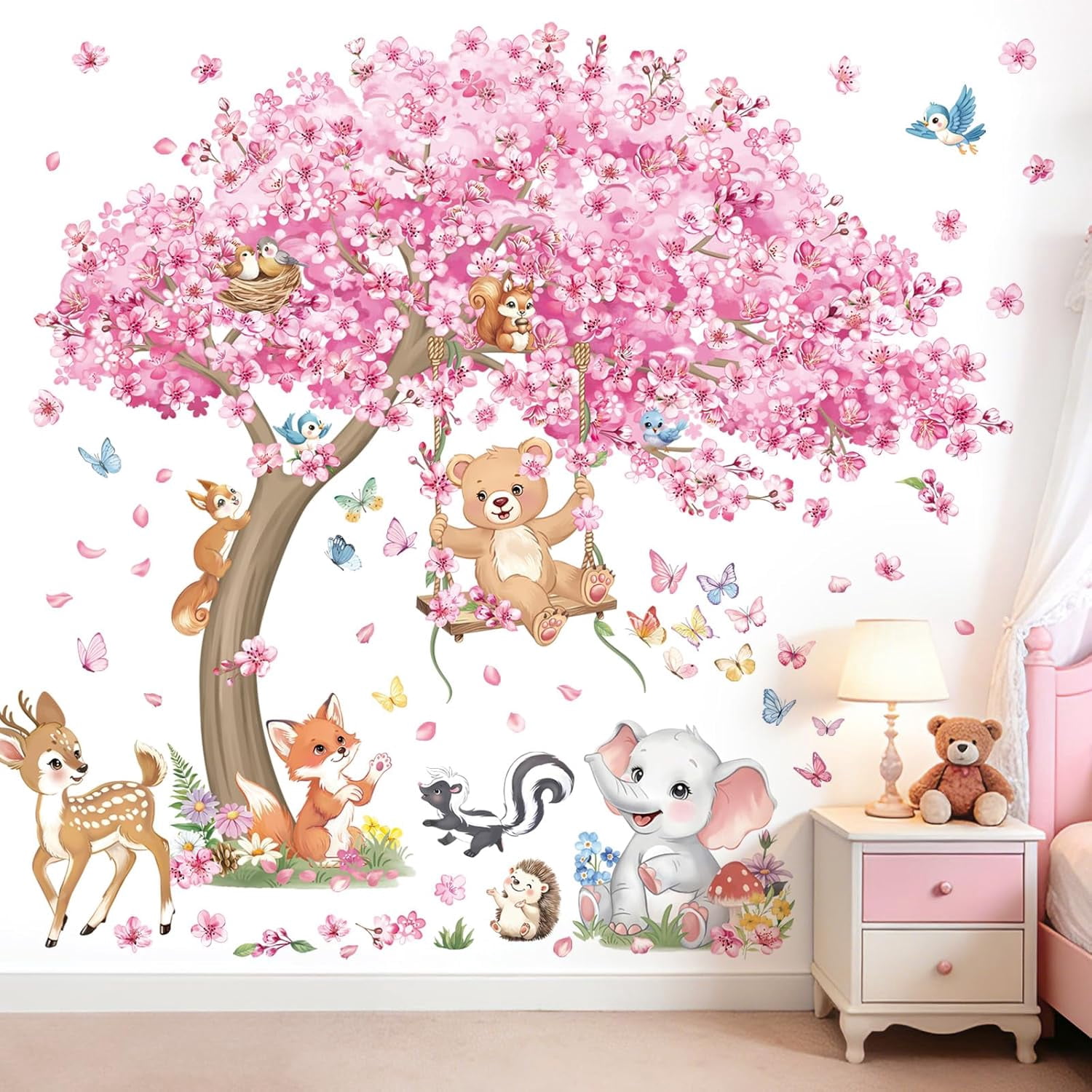 Large Cherry Blossom Tree Wall Stickers Woodland Animals Bear Deer Pink Flower Wall Decals Baby Nursery Kids Bedroom Living Room Home Decor