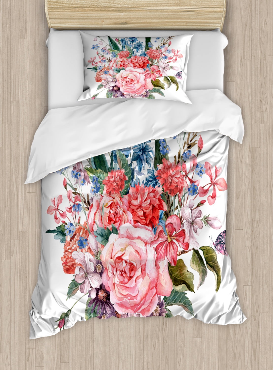Flower Decor Twin Size Duvet Cover Set, Bouquet of Garden Mountain