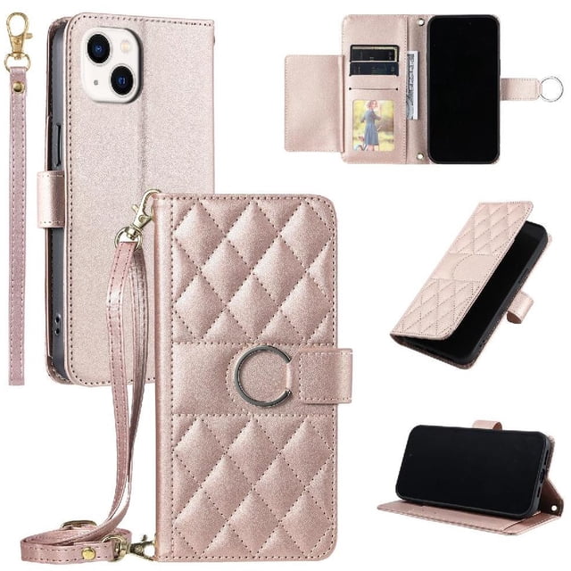 Funda tipo billetera GANGXUN para iPhone 14 Plus – Tapa abatible con correa para mujer