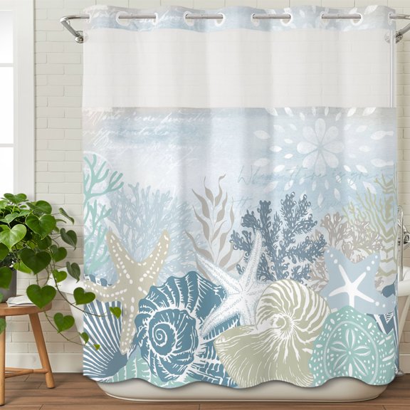 No Hook Shower Curtain with Snap in Fabric Liner Set Blue Ocean Conch Starfish Coral Bathroom Curtains with See Through Mesh Top Window,Summer Nautical Shell Waterproof Double Shower Curtain 72x78In