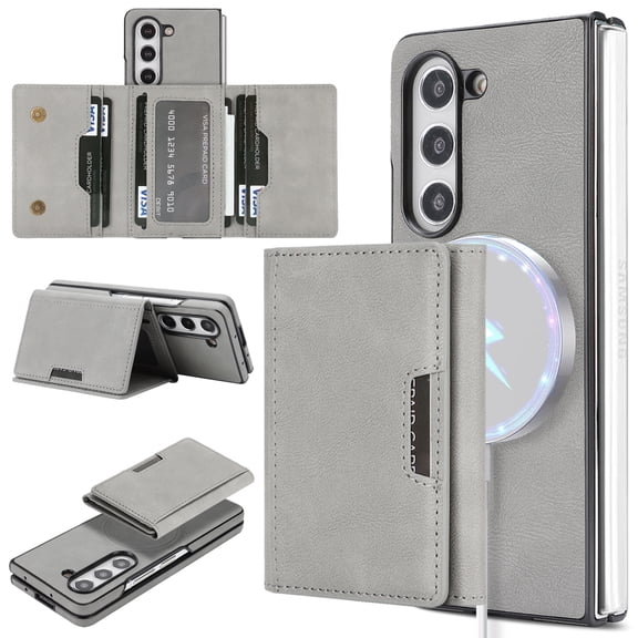 Designed for Samsung Galaxy Z Fold8 Wallet Case,2-in-1 Magnetic Detachable Card Holder,Compatible with Mag-safe,With Kickstand,PU Leather Anti-Scratch Shockproof Rugged Phone Case,Gray