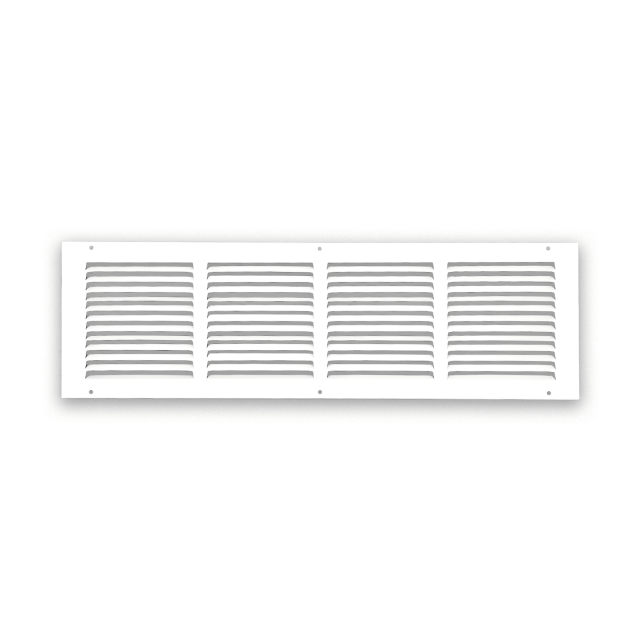 Air Return Grille 1 RA 24″x6″ for sidewall and ceiling applications, made of high-quality steel with a powder-coated smooth white finish. Designed for ventilation and ductwork, it features pre-drilled holes and matching screws for easy installation. Outer size measures 25-3/4″x7-3/4″, fitting most standard duct openings. Suitable for residential and commercial indoor HVAC use.