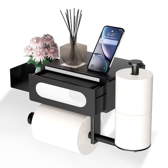 Toilet Paper Holder with Shelf Toilet Roll Holder Wall Mount Stainless Steel Adhesive Toilet Tissue Holder with Wipes Box Towel Storage Tampon Holder for Bathroom Washroom,Black