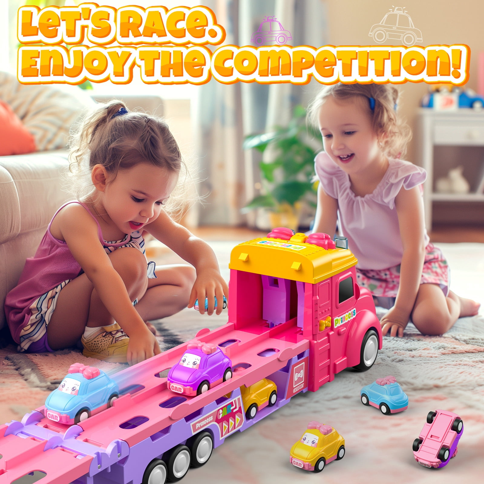 UUSUOO Truck Toys for Girls,9 IN 1 Pink Princess Toys Carrier Truck Race Track Toys for Kids,Foldable Transport Truck with Lights & Music,Christmas Birthday Toys Gift for Girls 3 4 5 6+