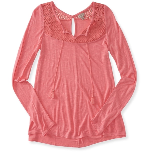 Camiseta de manga larga Aeropostale con encaje para mujer rosa mediana