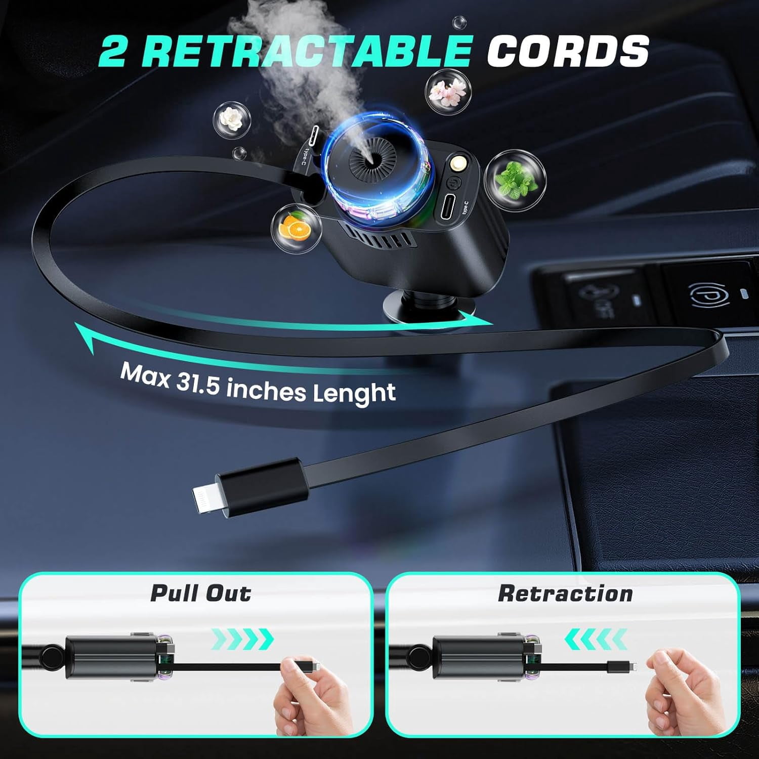 Retractable Car Charger with Aromatherapy and Starlight, 5 in 1 USB C Car Charger for iPhone 16 15 14 13 12 11, Fast Charging Compatible with iPhone Android (Black)