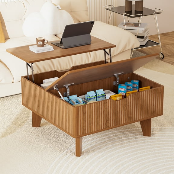 Fluted Lift Top Coffee Table with Storage, 29.7" Square Coffee Table for Living Room, Flip-Top Mid Century Modern Center Table with Hidden Compartment for Small Space, Walnut