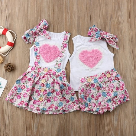 Sister Matching Infant Baby Girls T-shirt Tops+Floral Pants/Skirts Outfits Set