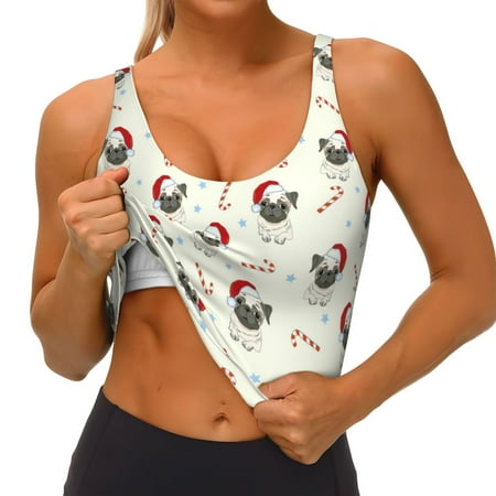 Qokaie Christmas Pug Dog Pattern Womens Scoop Neck Sports Bra Breathable Workout Vest Padded U Back Medium Impact Fitness Gym Yoga Bra Workout Crop Top