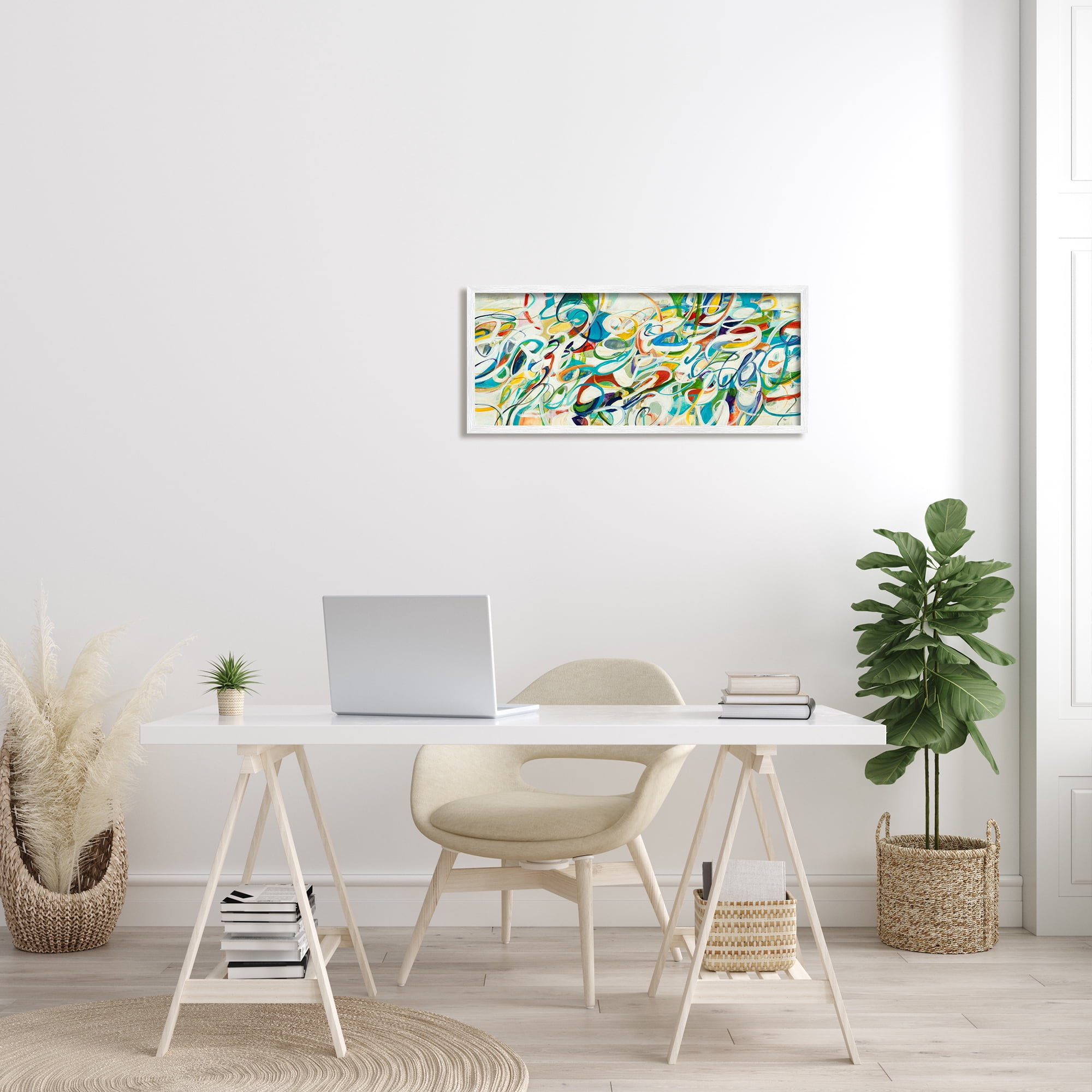 Stupell Industries Abstract Complexity Energetic Blue Green White Curved Lines Global Painting White Framed Art Print Wall Art, 13 x 30, Design by Lisa Ridgers