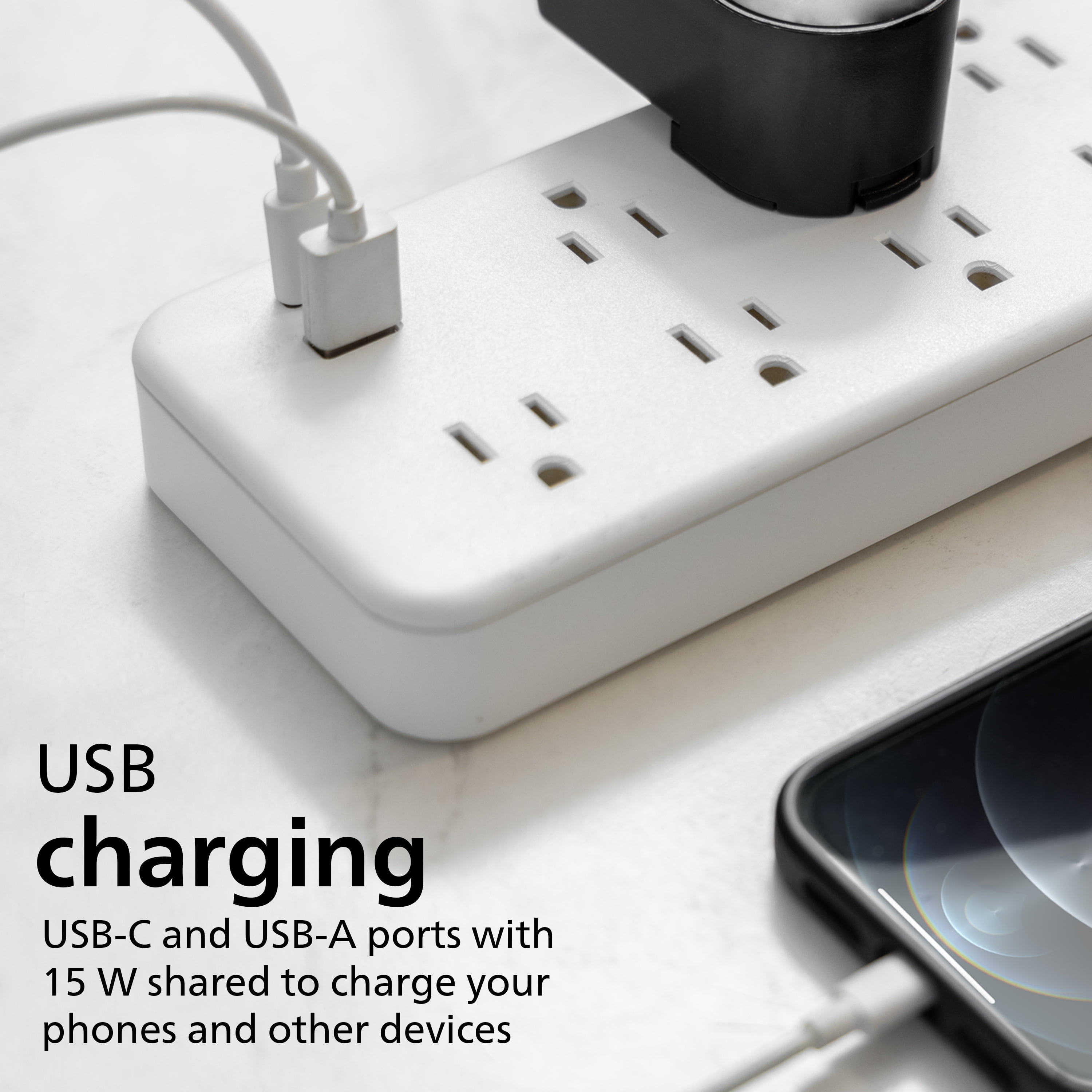 Philips 6-ft 7-Outlet Surge Protector, 1 USB-a, 1 USB-C, 15W, 1500J, Braided Cord, White