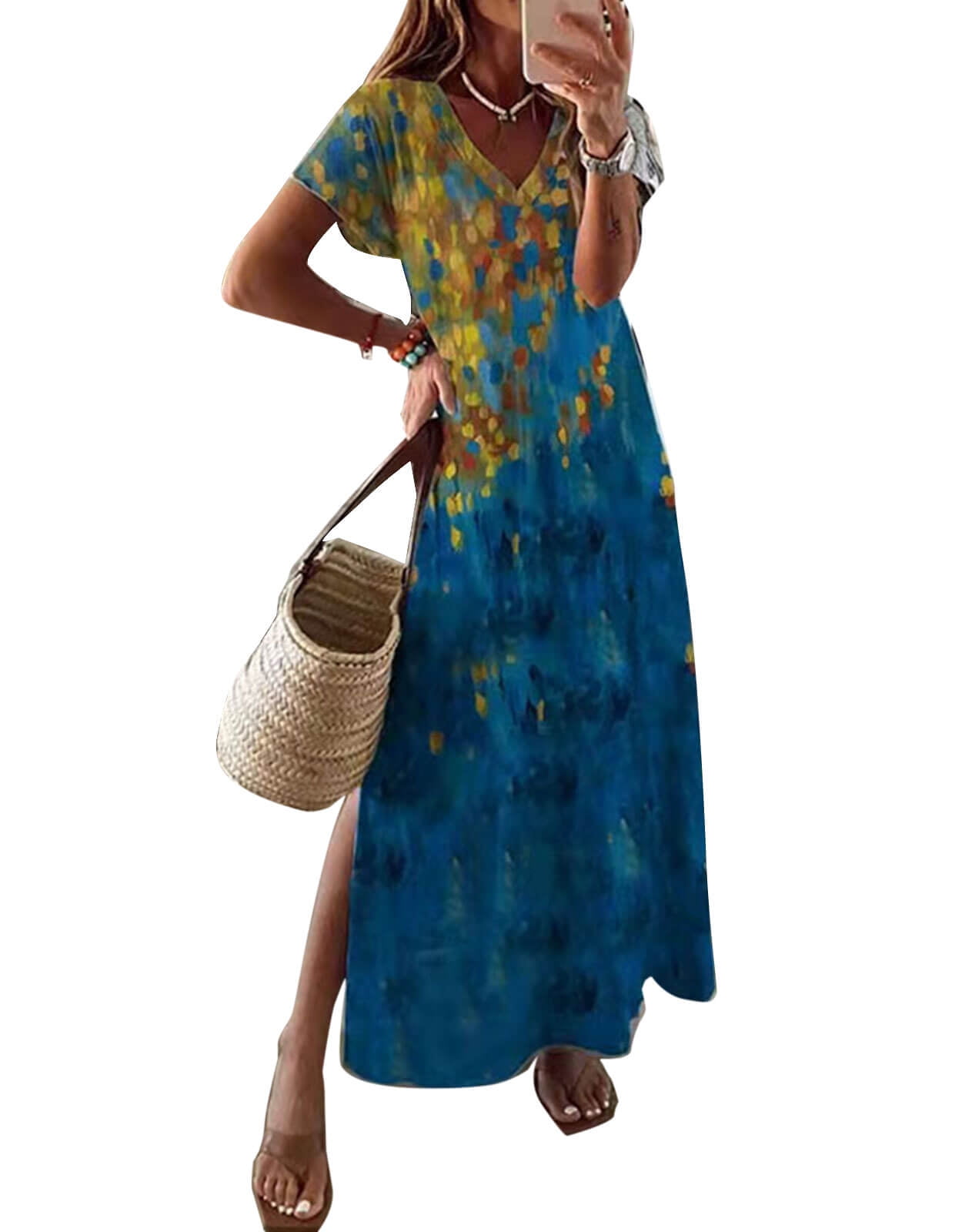 Alsol Lamesa V Neck Summer Dress for Women Short Sleeve Casual Loose ...